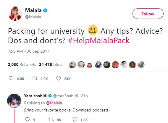 Twitter helped Malala Yousafzai pack bags for Oxford University!