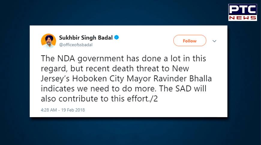 'We need to do more, SAD will also contribute': Sukhbir Badal on death threats to Sikh Mayor