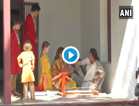Video:  Justin Trudeau's wife spinning wheel with kids in Gujarat