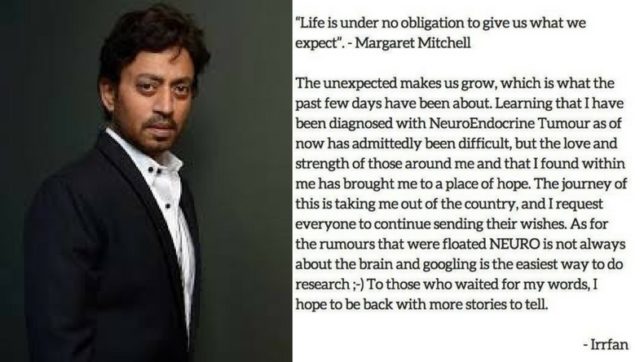 Irrfan Khan has been diagnosed with neuroendocrine tumour
