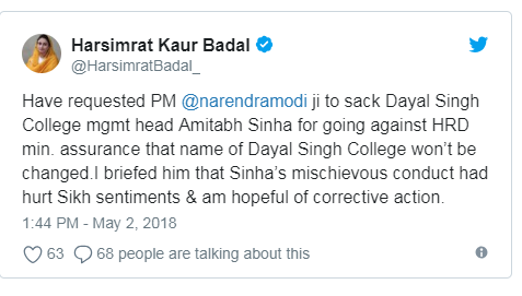Requested PM Modi to sack Dayal Singh College mgmt head Amitabh Sinha, Harsimrat Badal