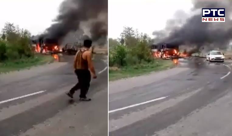 Tourist Bus catches fire in Nalagarh, Himachal Pradesh