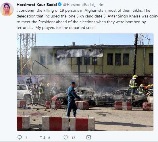 Harsimrat Kaur Badal condemns killing of 19 people in Afghanistan