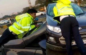Watch: Traffic cop dragged on car’s bonnet in Gurugram