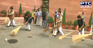 Delhi: Anurag Thakur and Hema Malini including BJP MPs'Swachh Bharat Abhiyan' in Parliament premises