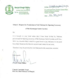 Navjot Singh Sidhu asks permission to visit Pakistan for Kartarpur Corridor opening ceremony