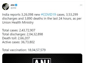 Coronavirus India updates : India 3.26 lakh new cases , 3890 deaths in last 24 hrs