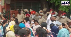 The teachers reached outside the education department's building in Mohali where five teachers climbed the 7th floor with petrol bottles.