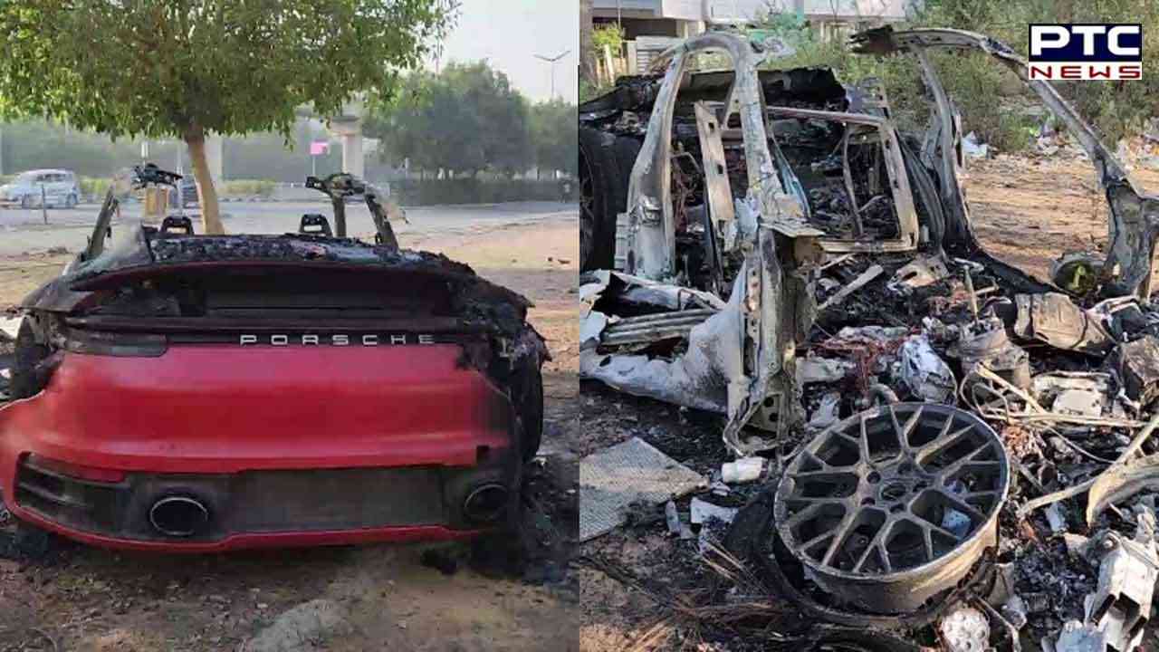 Speeding Porsche worth Rs 2 crore reduced to ashes after hitting tree in Gurugram