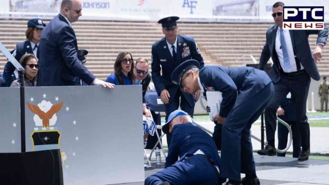 Biden falls at US Air Force Academy graduation ceremony, later jokes about it