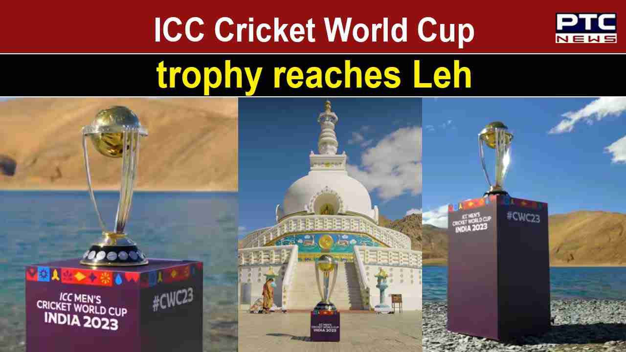 ICC Cricket World Cup 2023 : Trophy shines brightly near Leh's Pangong Tso Lake