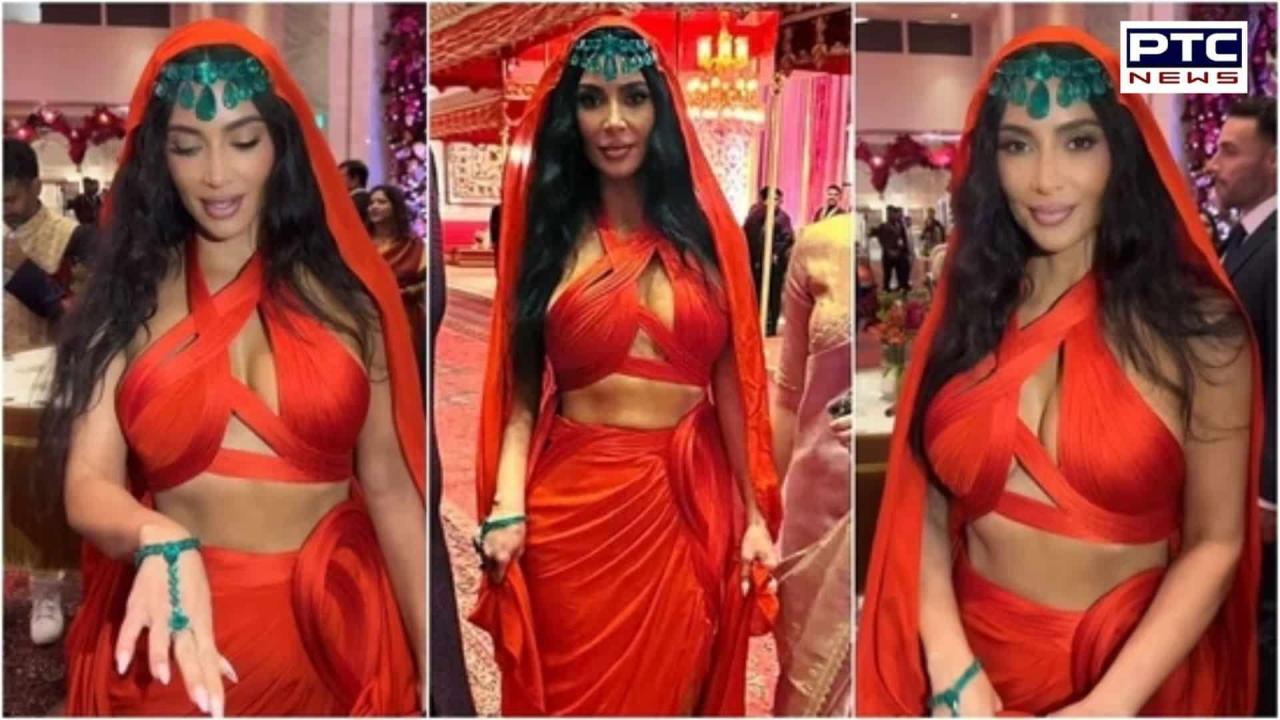 Kim Kardashian shines in emeralds on day 2 of Ambani wedding in a red dress; discover her 'stripper heels'!