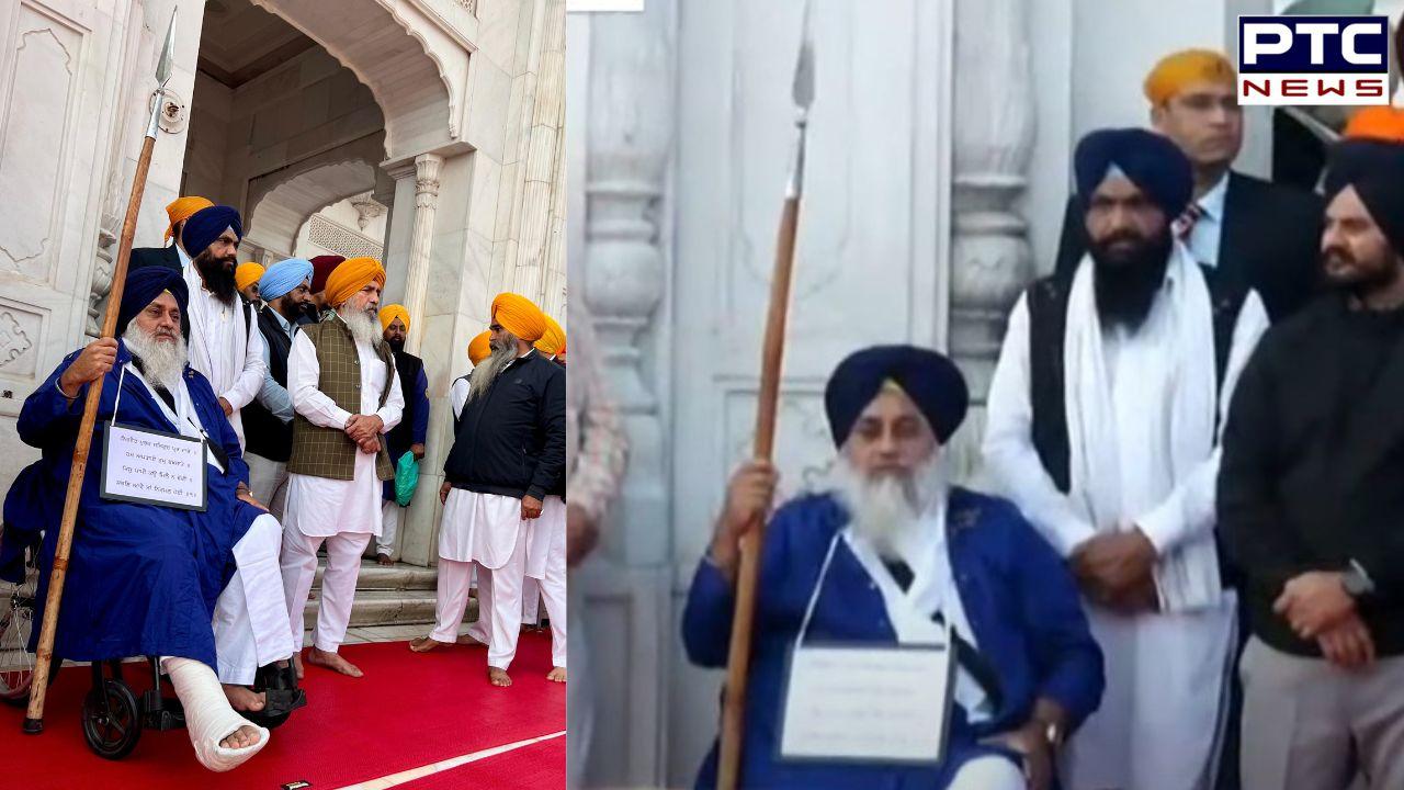 Sukhbir Singh Badal begins religious penance at Sri Darbar Sahib with plaque around neck, spear in hand