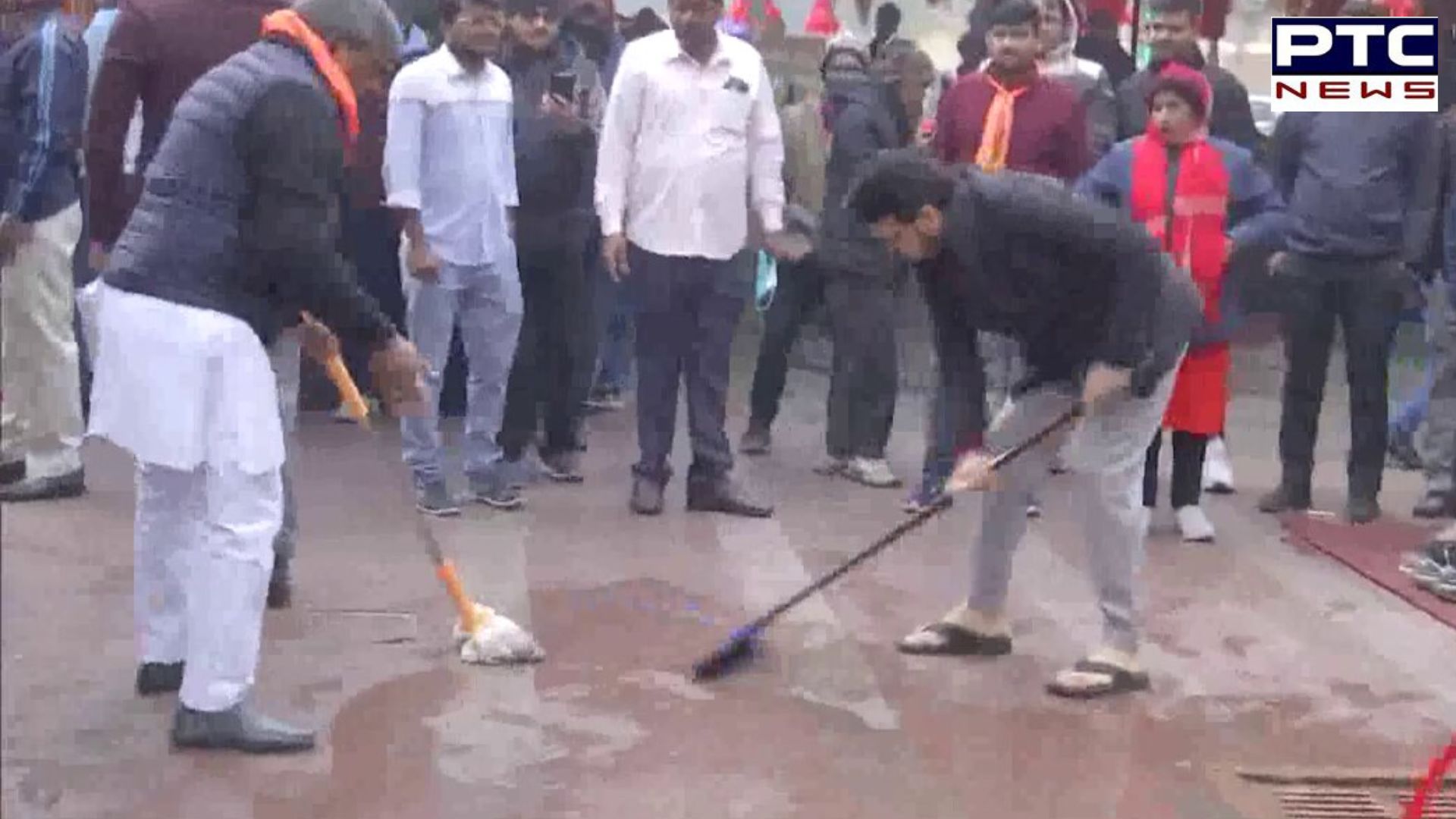 Watch Visuals | Anurag Thakur cleans Hanuman Temple in Delhi ahead of Ram Mandir Inauguration