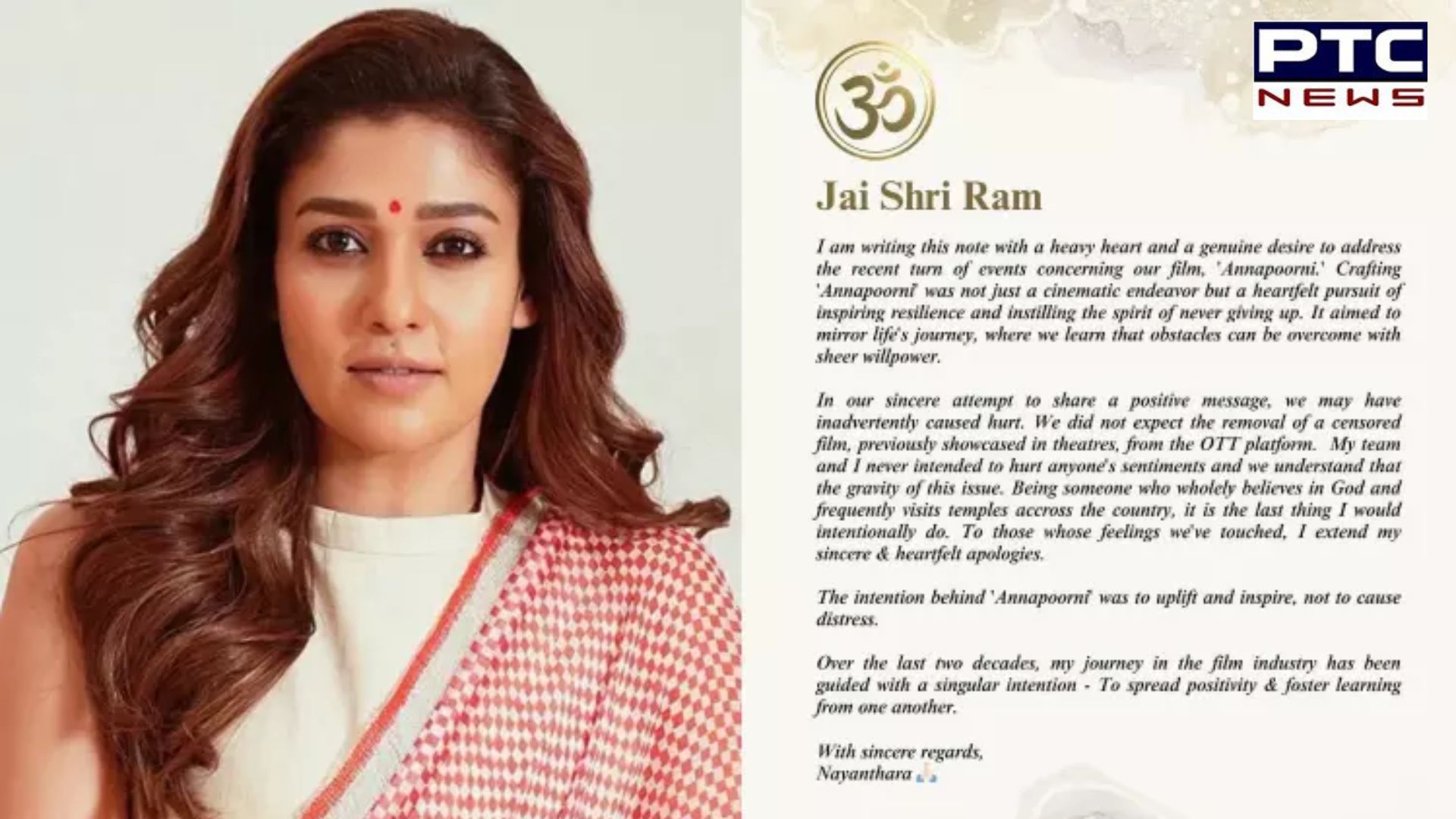 'Annapoorani' controversy: South star Nayanthara issues apology says, “My team and I...”