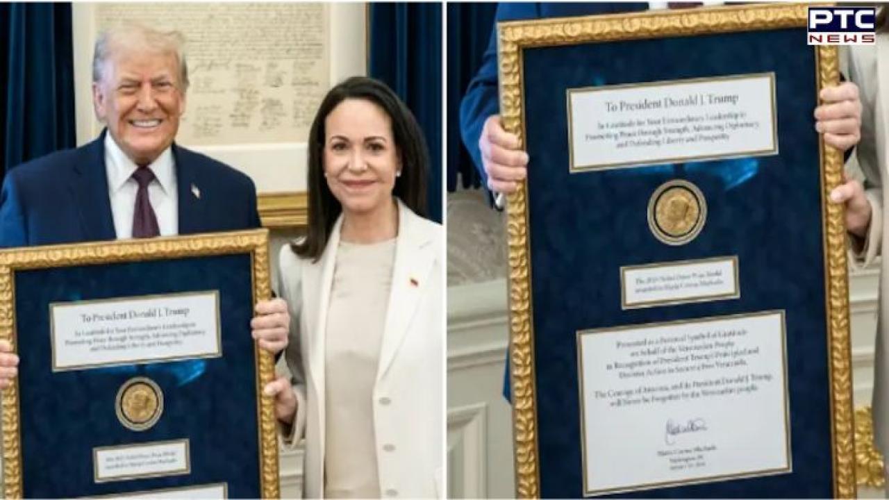 Venezuelan Nobel Peace Prize winner Maria Corina Machado presents medal to Donald Trump