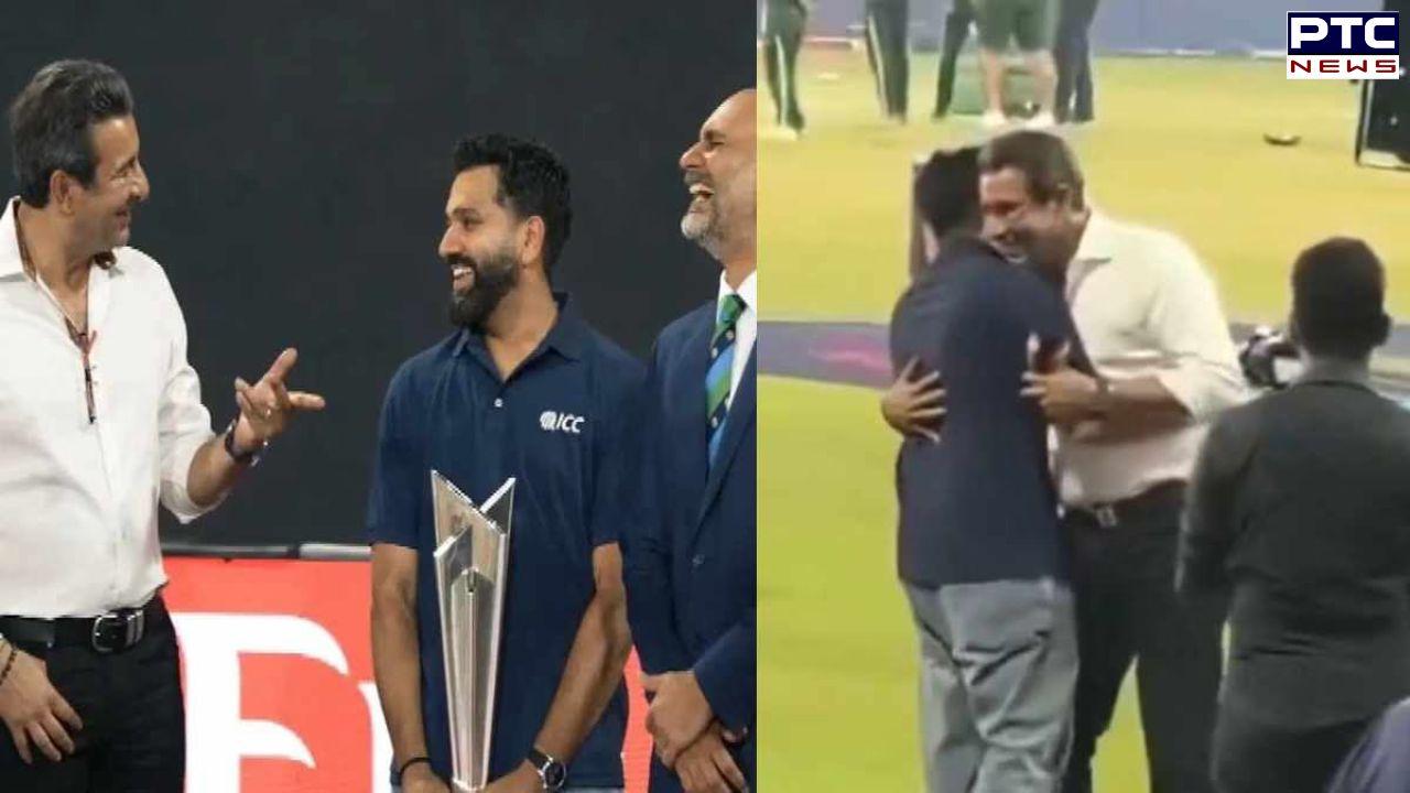 Rohit Sharma shares warm hug with Pak legend Wasim Akram amid no handshake row