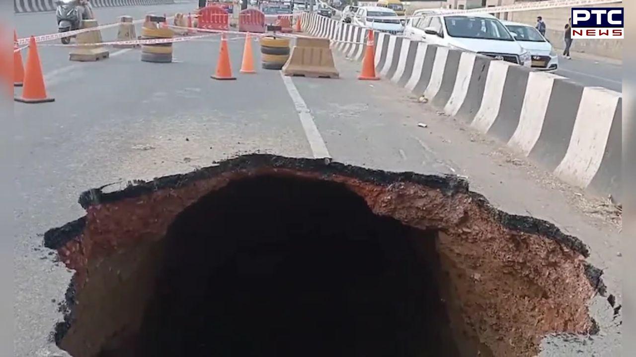 Portion of road collapses on Sohna Expressway in Gurugram, massive crater disrupts traffic