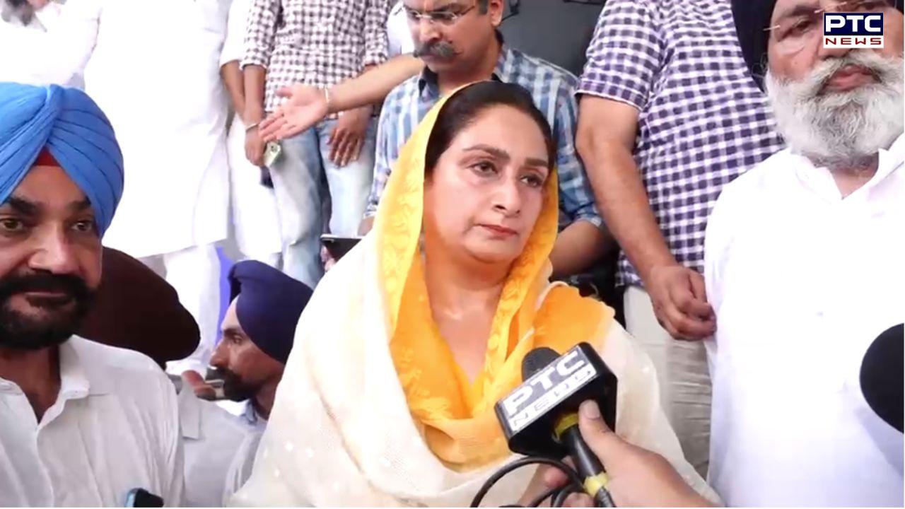 SAD MP Harsimrat Kaur Badal shows weapon used to attack Sukhbir Singh Badal, stitches on his arm